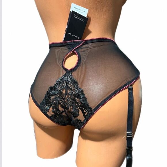 BLUEBELLA Mara High Waist Suspender Brief mesh Floral Appliqué Garter Black S - Picture 6 of 11
